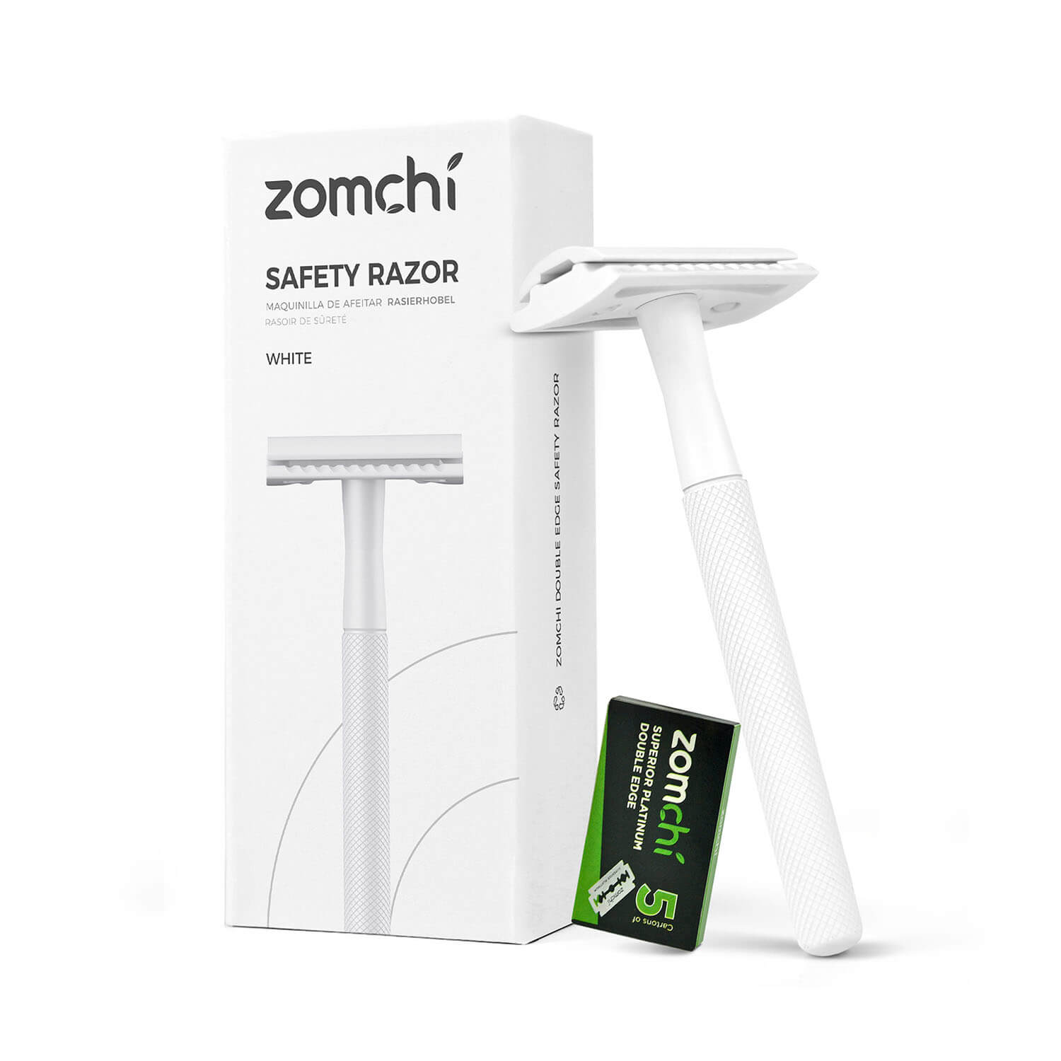 Zomchi White Reusable Plastic Free Double Edge Razor with 5 double edged safety razor blades For Women 