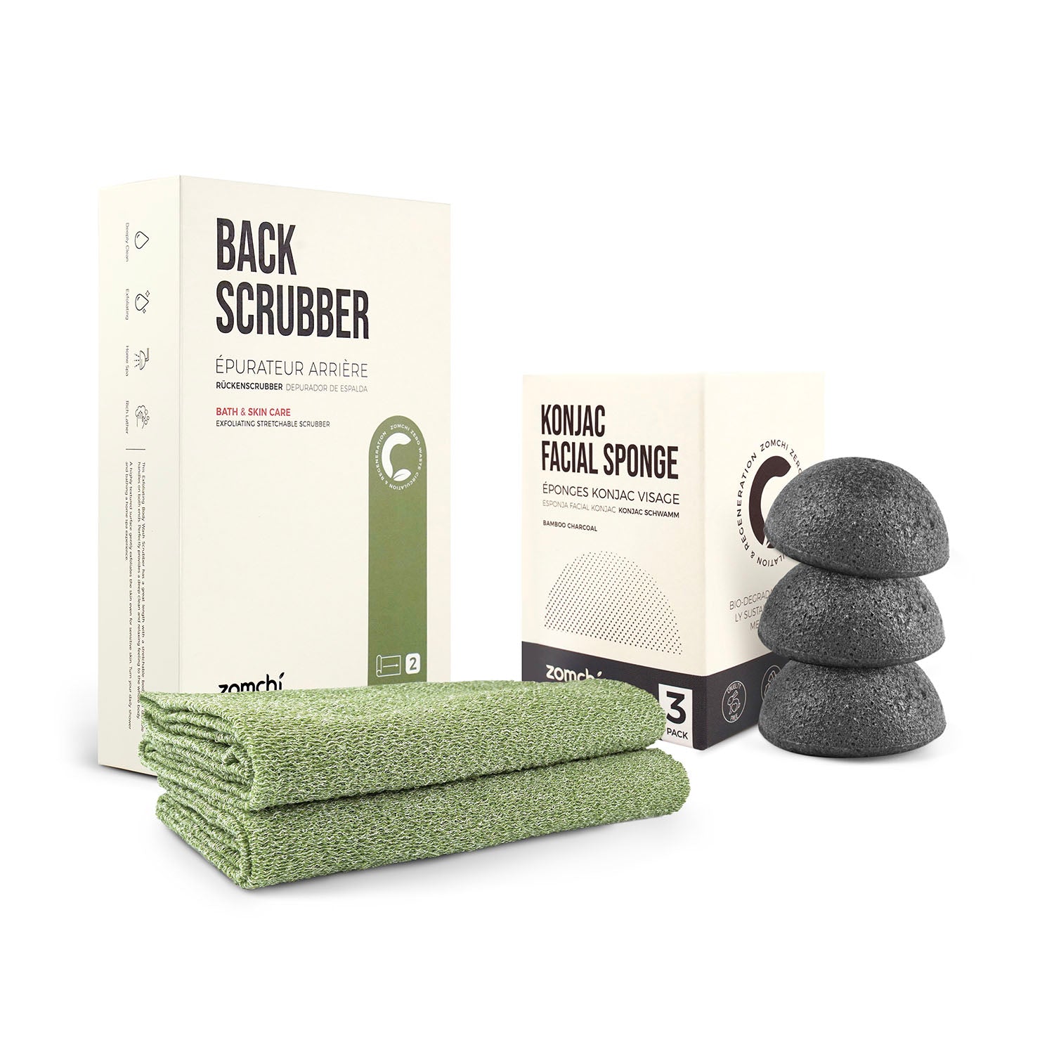2 Pieces Green Exfoliating Back Scrubber with Facial Sponges