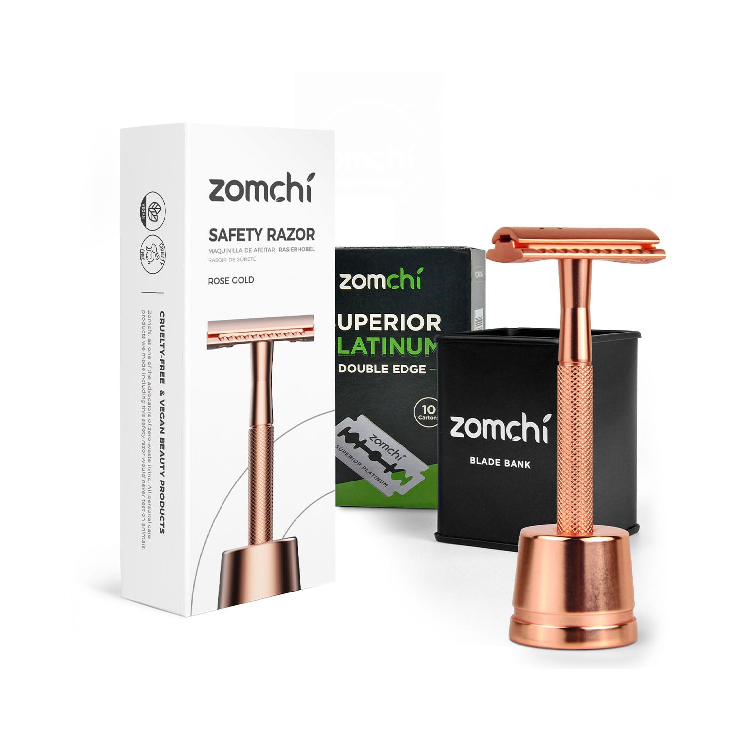 Rose Gold Safety Razor with stand +50 Counts Blades+1 Blade Bank