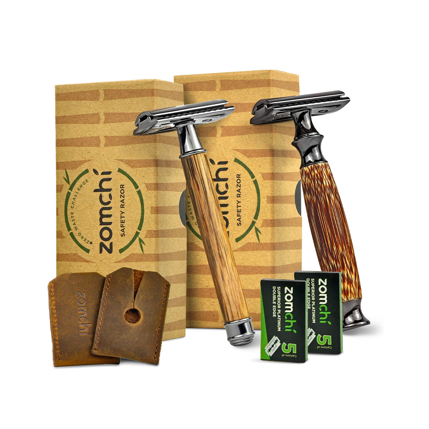 Couple bamboo safety razors with 10 blades set and 2 piece of Razor Head Leather Cover