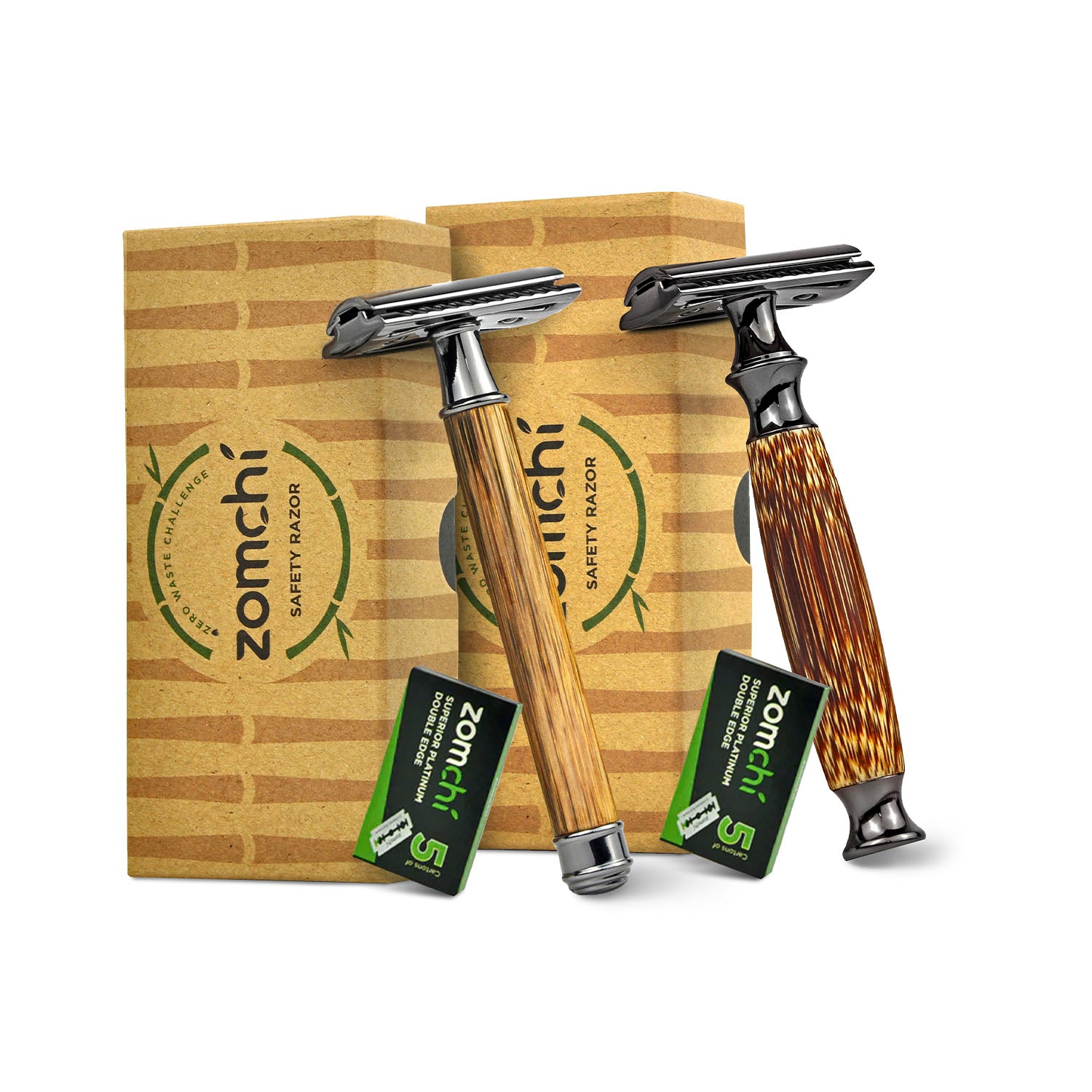 Couple bamboo safety razors with 10 blades set
