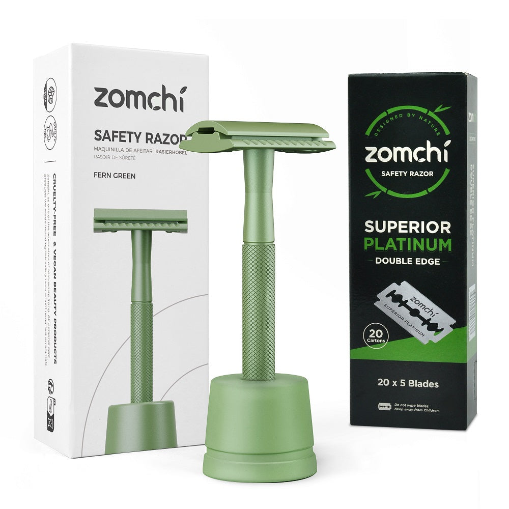 Reusable metal razor with Stainless Steel stand +50/100 counts safety razor blades | Closest Shave Effortlessly-Green