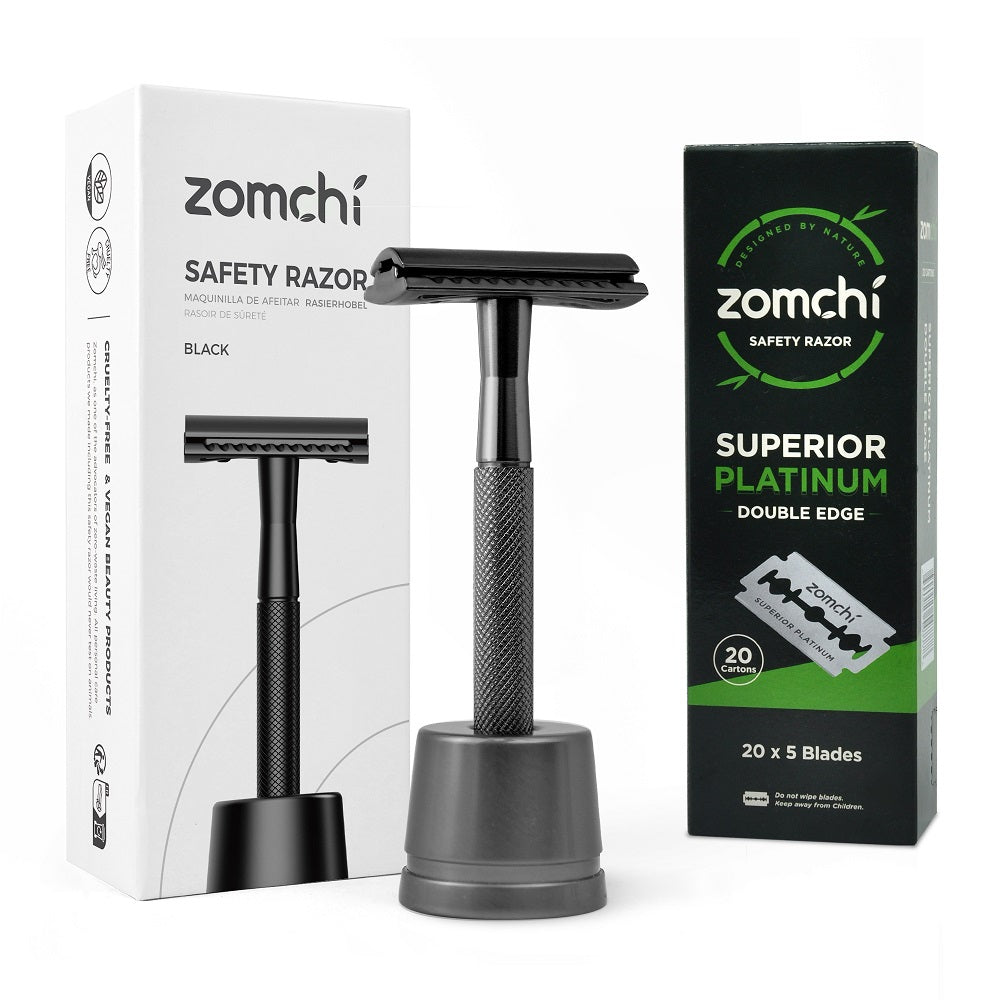 Black Safety Razor With Stand And 100 Counts Blades