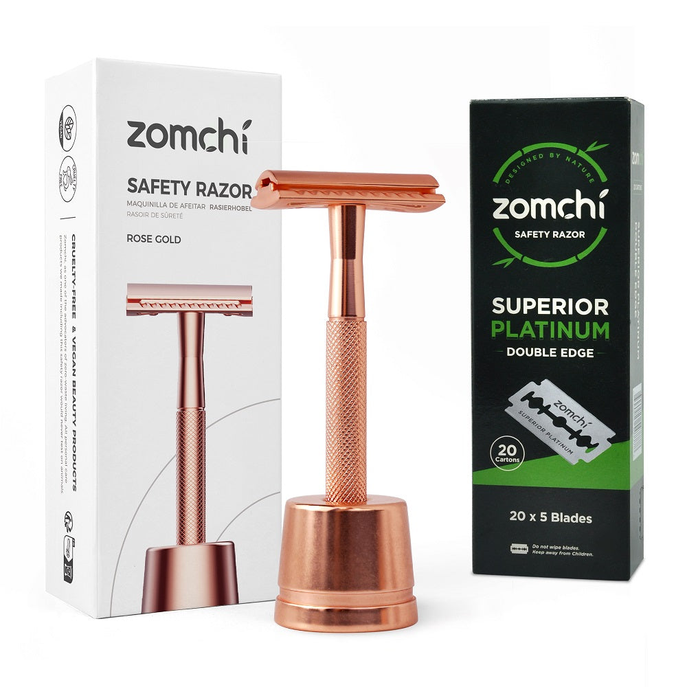 Reusable metal razor with Stainless Steel stand +50/100 counts safety razor blades | Closest Shave Effortlessly-Rose gold