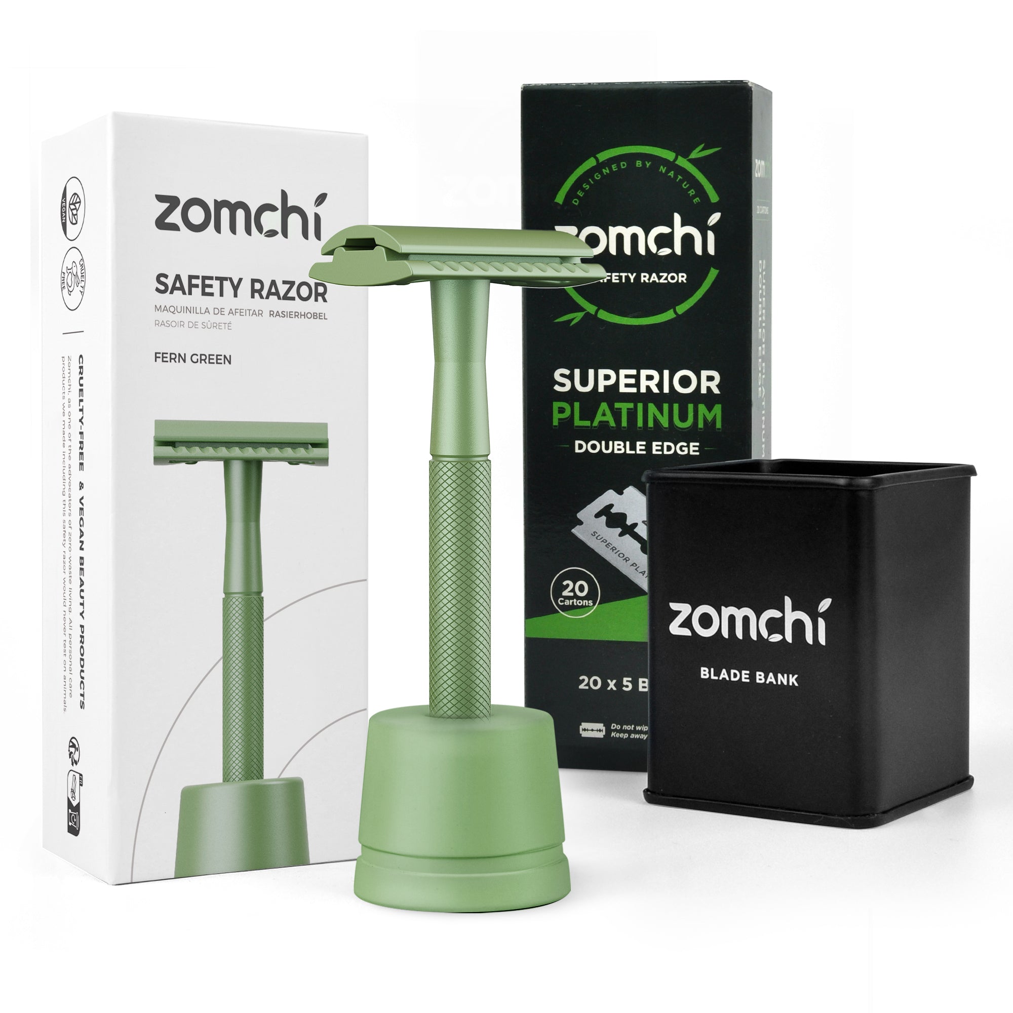 Green Safety Razor With Stand And 100 Counts Blades And Bank