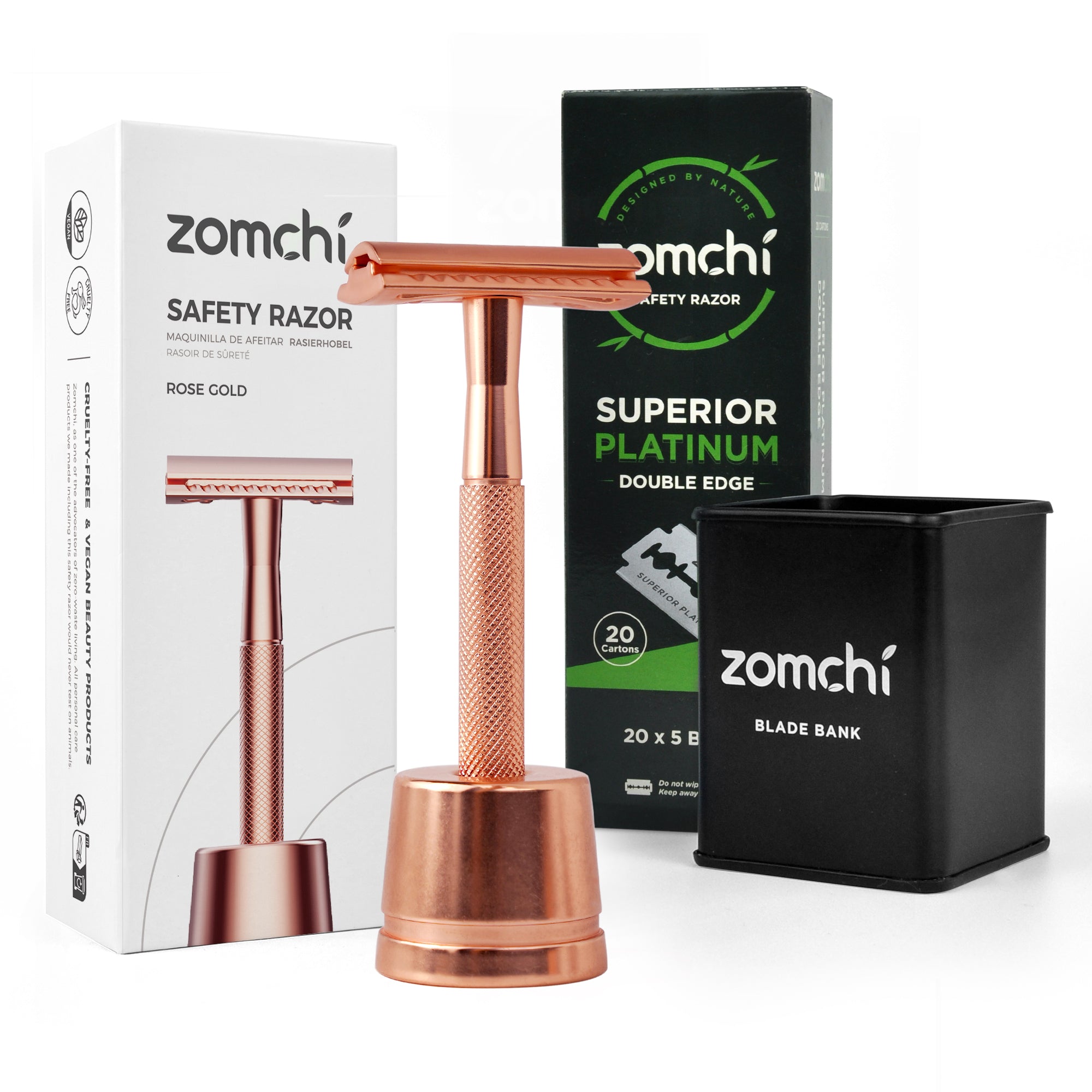 Rose Gold Safety Razor With Stand And 100 Counts Blades And Bank