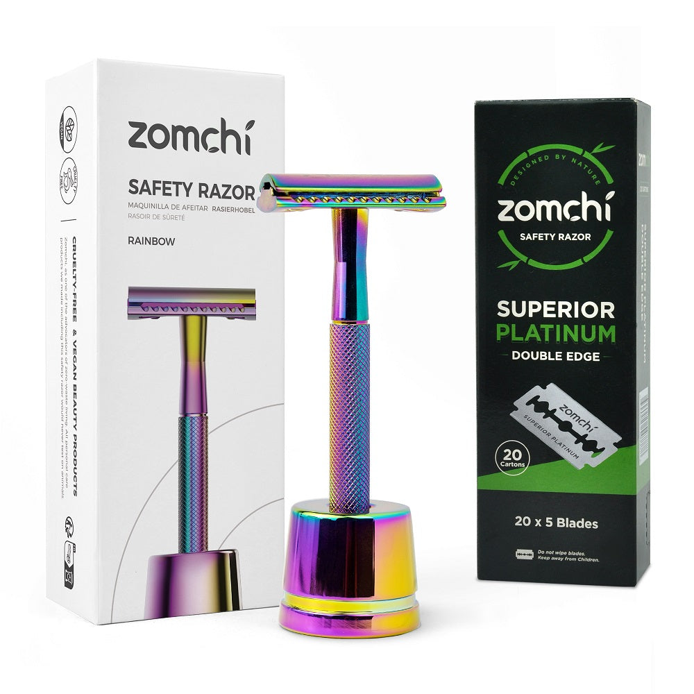 Reusable metal razor with Stainless Steel stand +50/100 counts safety razor blades | Closest Shave Effortlessly-Superb Rainbow