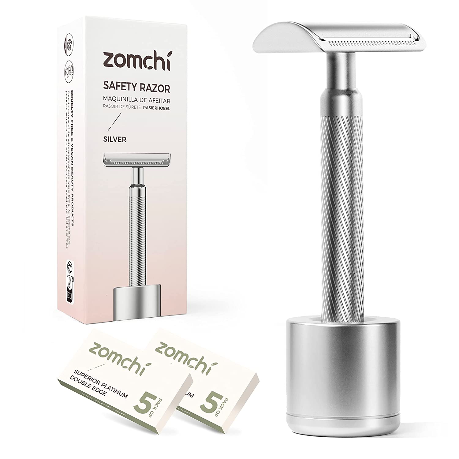 Silver Safety Razor With Stand And 10 Counts Blades