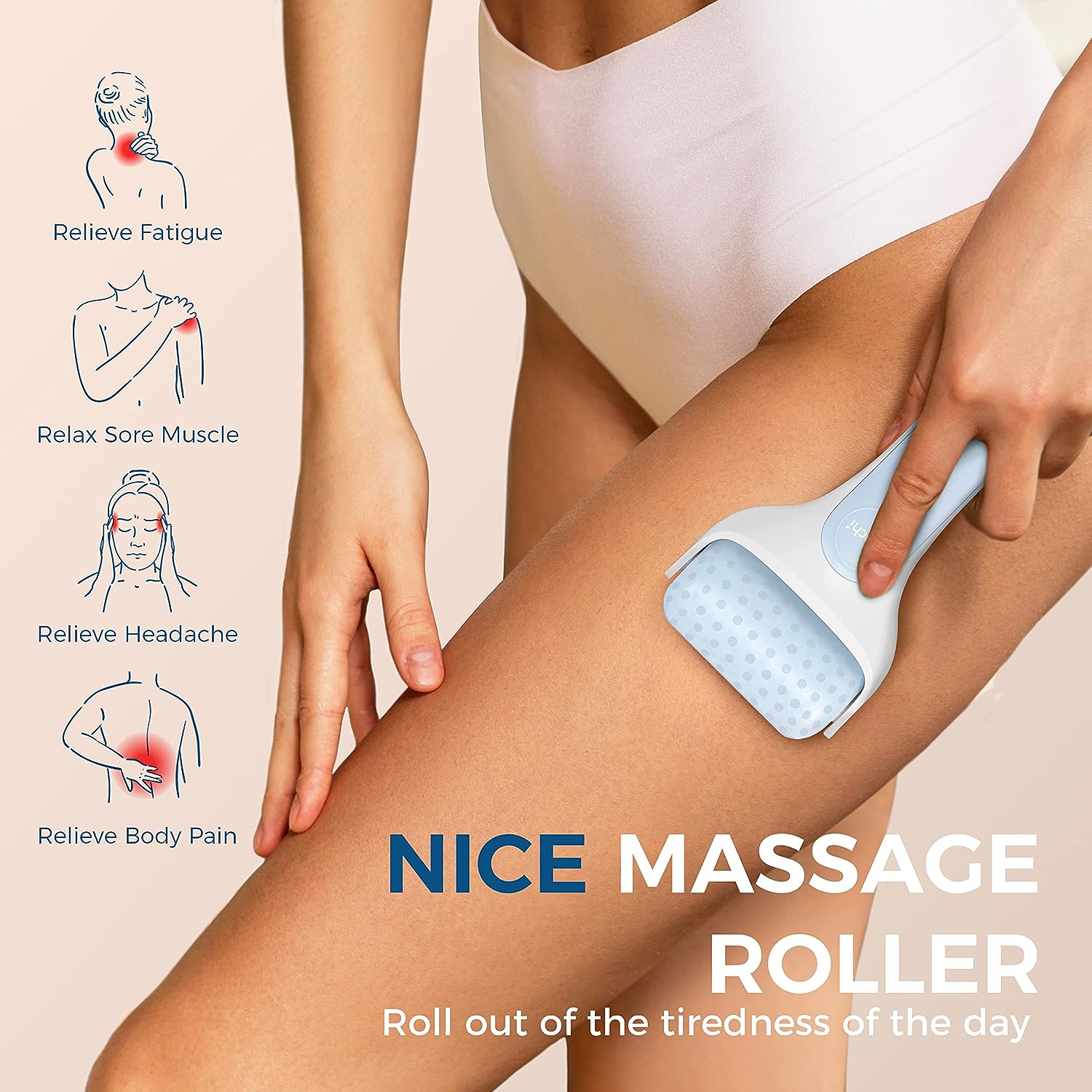 A woman is using Massage Body Ice Roller to massage her legs, Relieve Fatigue, Relax Sore Muscle, Relieve Headache, Relieve Body Pain