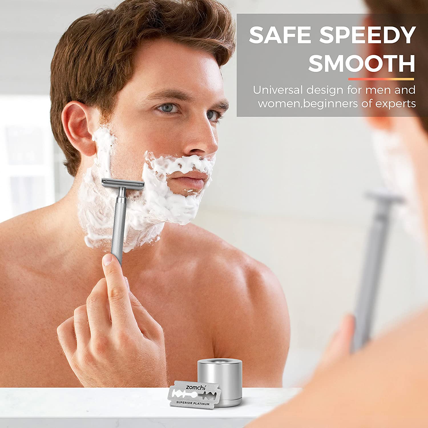 A Man Shaving With Zomchi Noble Silver Safety Razor