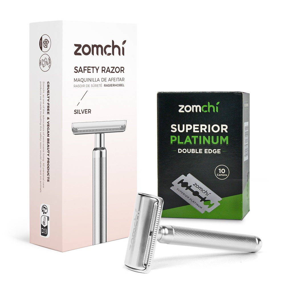 Eco-Friendly Razor With 50 Counts Double Edge Blades | Best Shaving For Women & Men Without Irritation-Silver