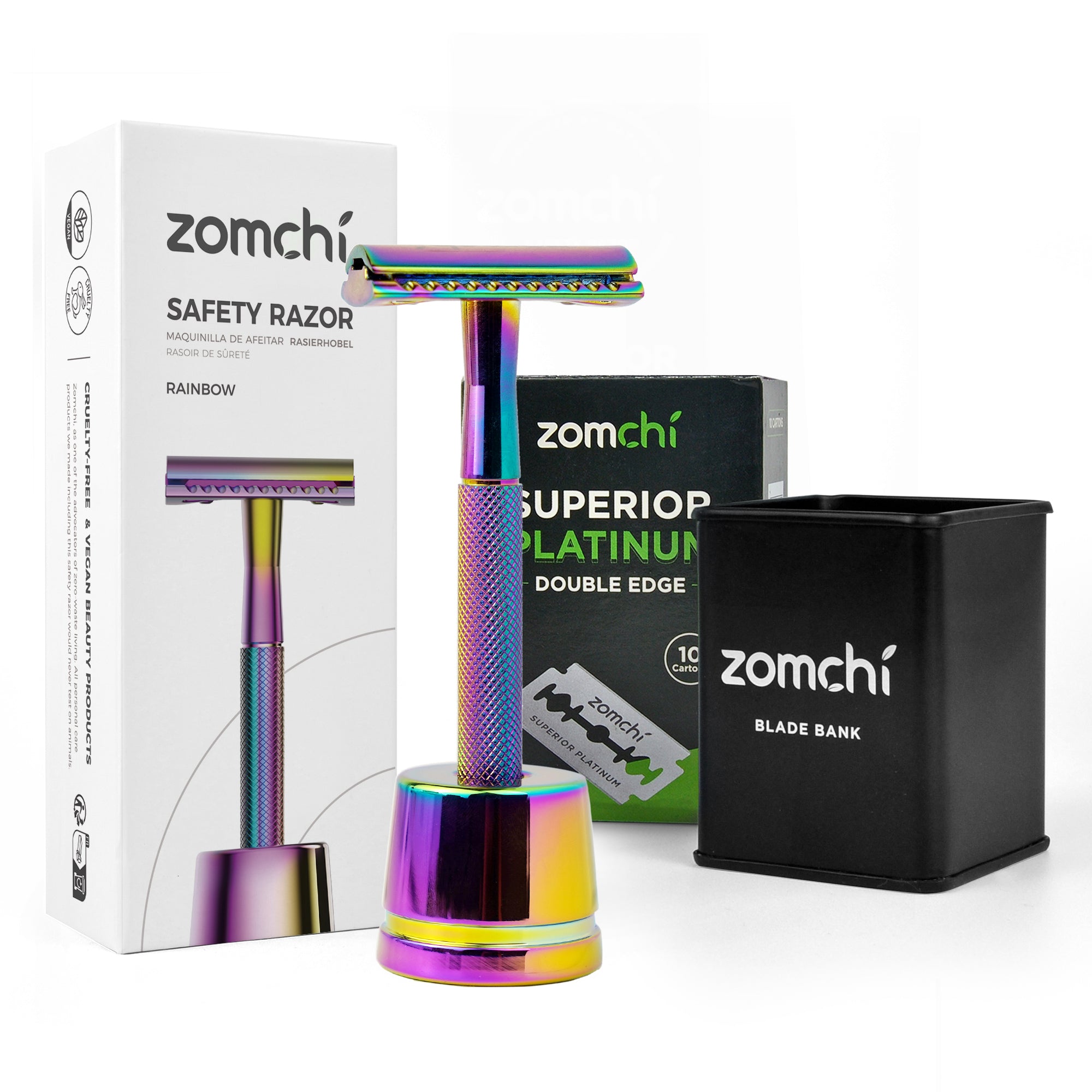 Rainbow Safety Razor With Stand And 50 Counts Blades And Bank