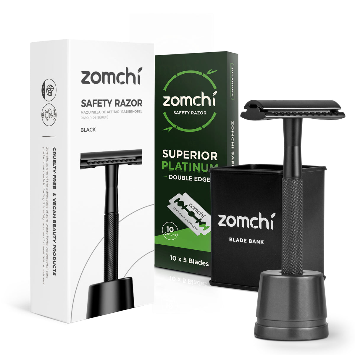 ZOMCHI safety razor with blades and blade bank starter bundle