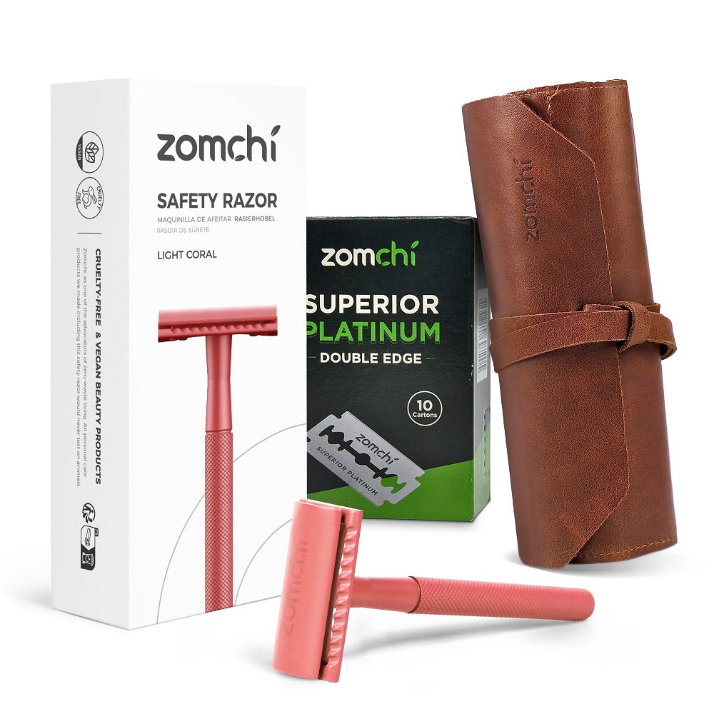 Reusable and Eco-Friendly Safety Razors For Women & Men + 50 Counts Double Edge Razor Blades +  Ladies Razor Portable Travel Case-Red
