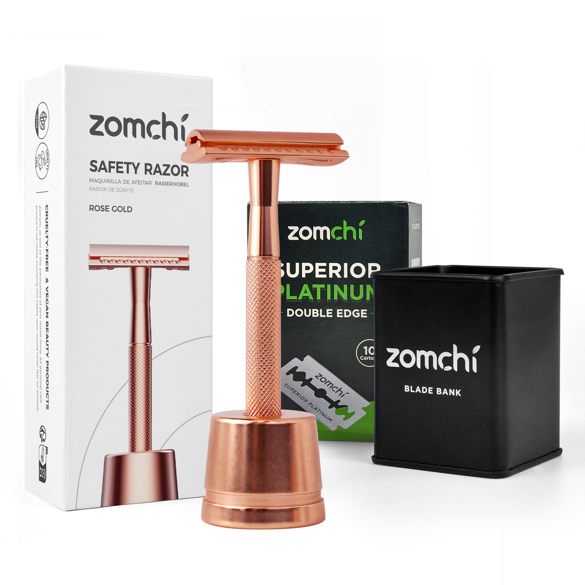 Rose Gold Safety Razor With Stand And 50 Counts Blades And Bank