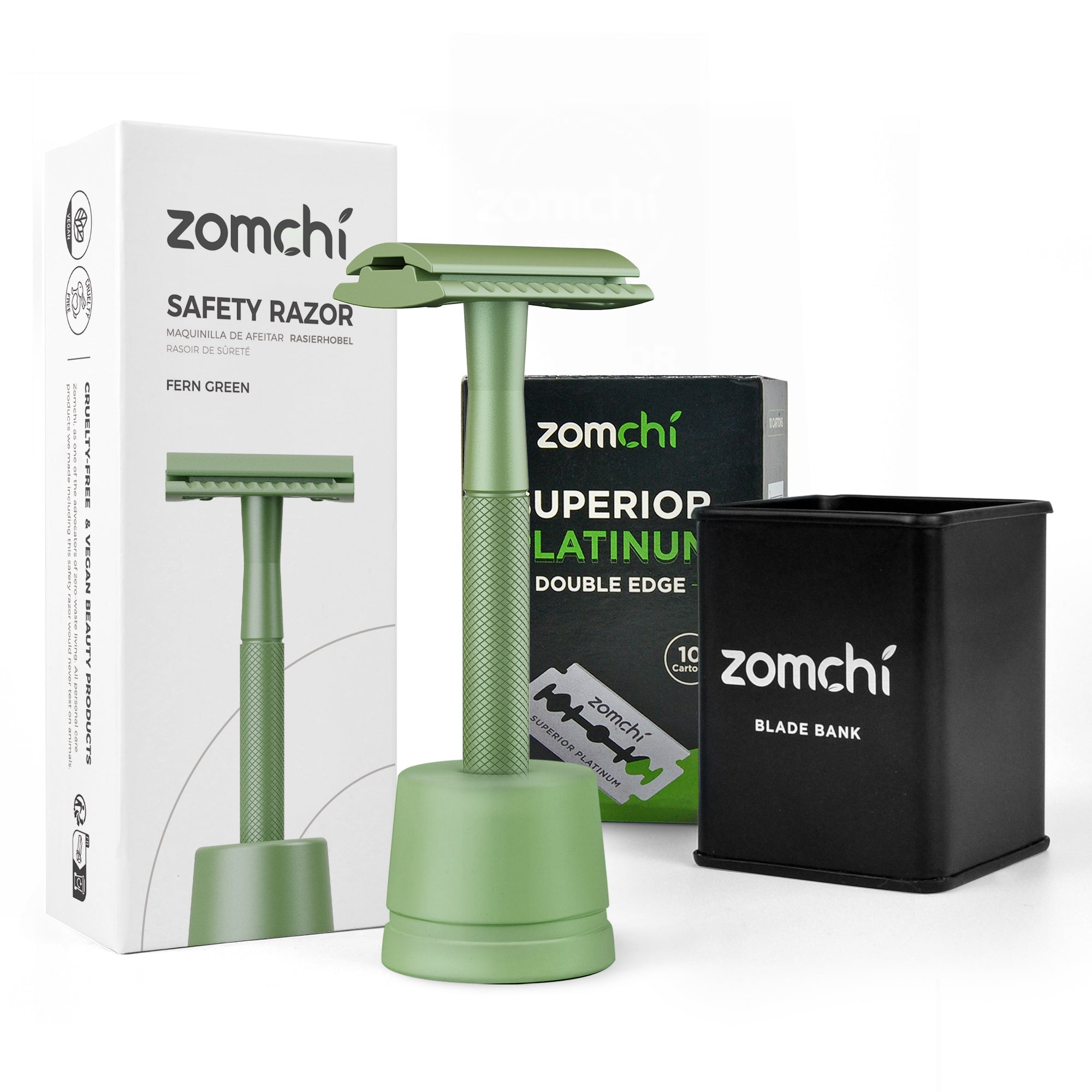 Green Safety Razor With Stand And 50 Counts Blades And Bank
