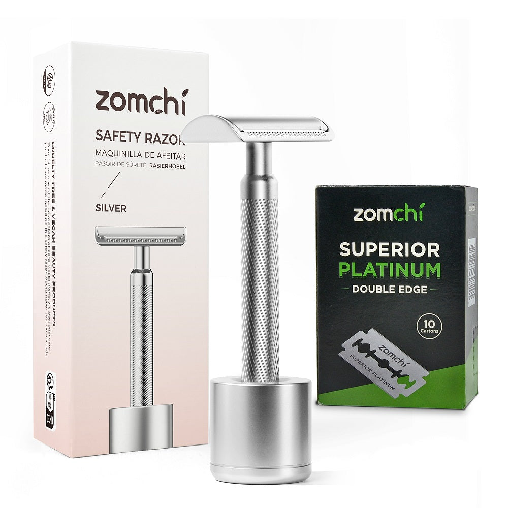 Reusable metal razor with Stainless Steel stand +50/100 counts safety razor blades | Closest Shave Effortlessly-Silver