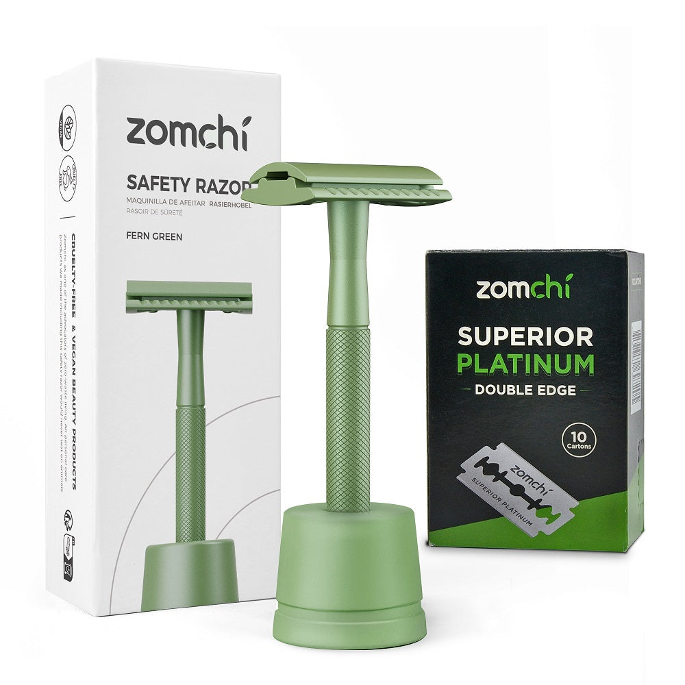Green Safety Razor With Stand And 50 Counts Blades
