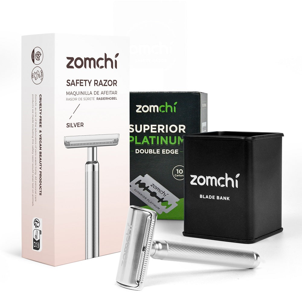 Sustainable Reusable Safety Razor For Women & Men + 50 Counts Double Edge Razor Blades +Nondisposable Plastic Free Razors Blades Bank-Silver