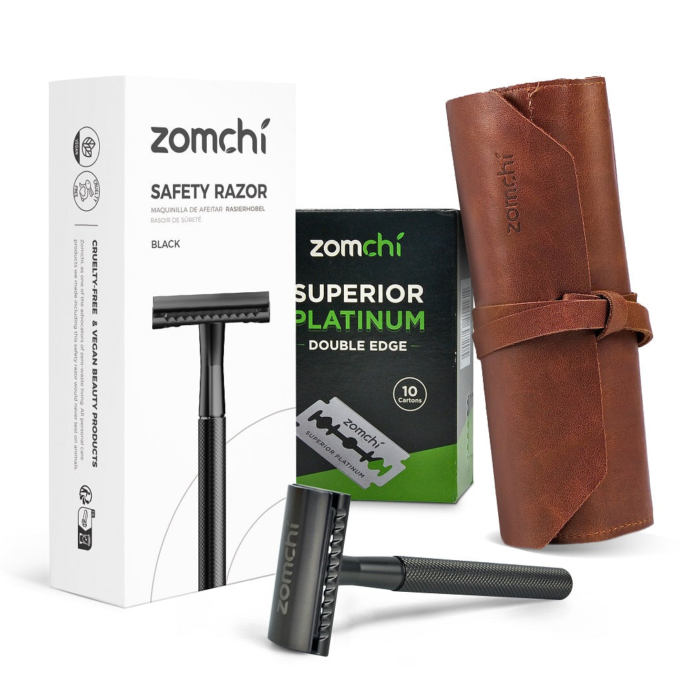 Reusable and Eco-Friendly Safety Razors For Women & Men + 50 Counts Double Edge Razor Blades +  Ladies Razor Portable Travel Case-Black