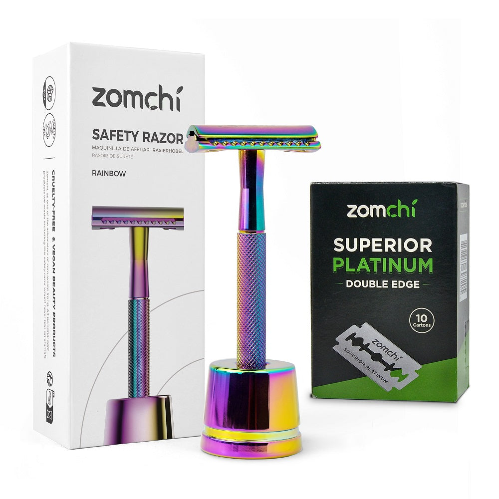 Reusable metal razor with Stainless Steel stand +50/100 counts safety razor blades | Closest Shave Effortlessly-Superb Rainbow