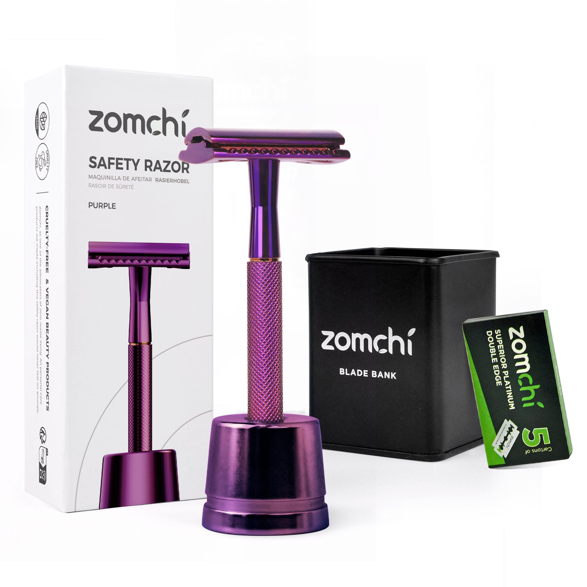 Purple Safety Razor With Stand And Banks And 5 Counts Blades
