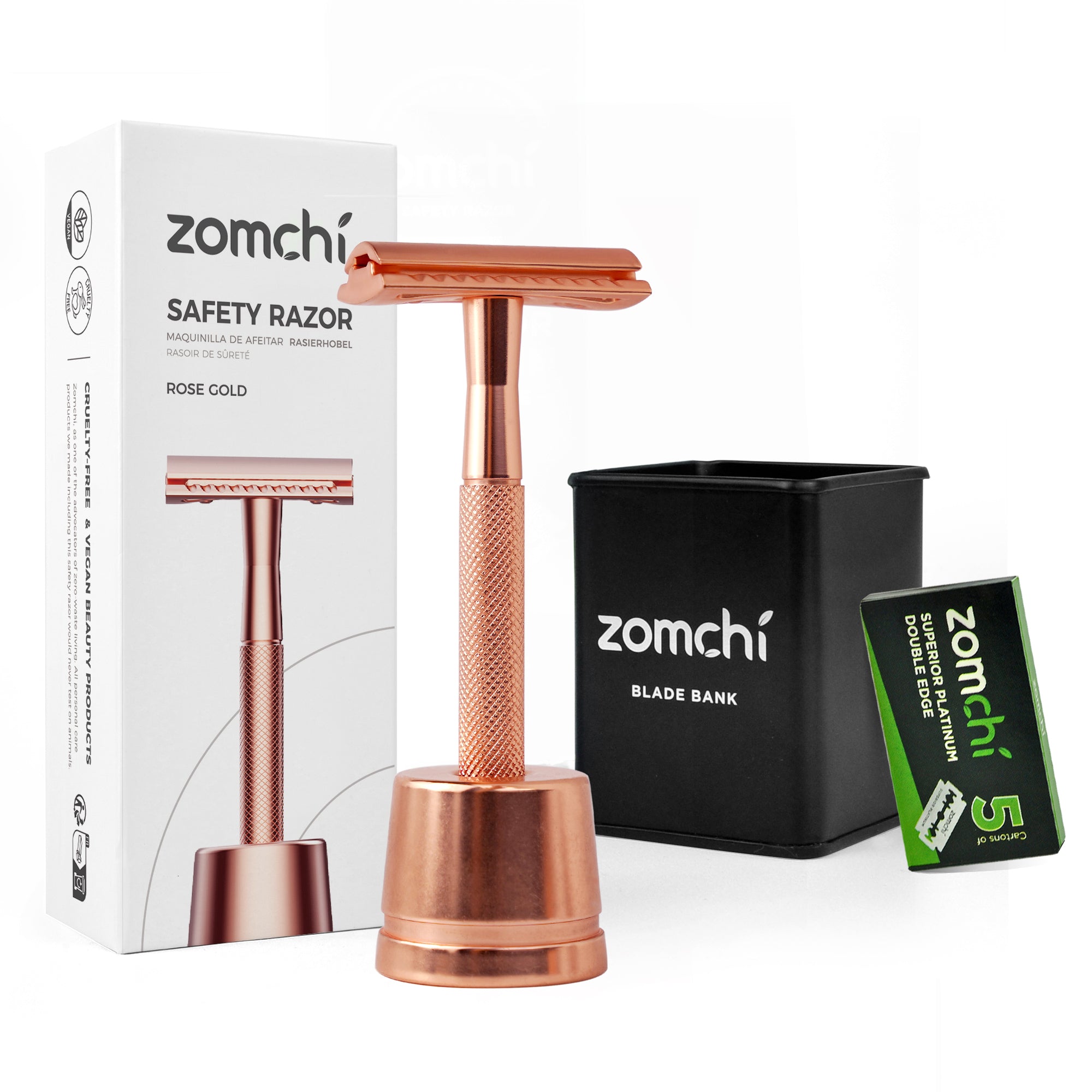 Rose Gold Safety Razor With Stand And Banks And 5 Counts