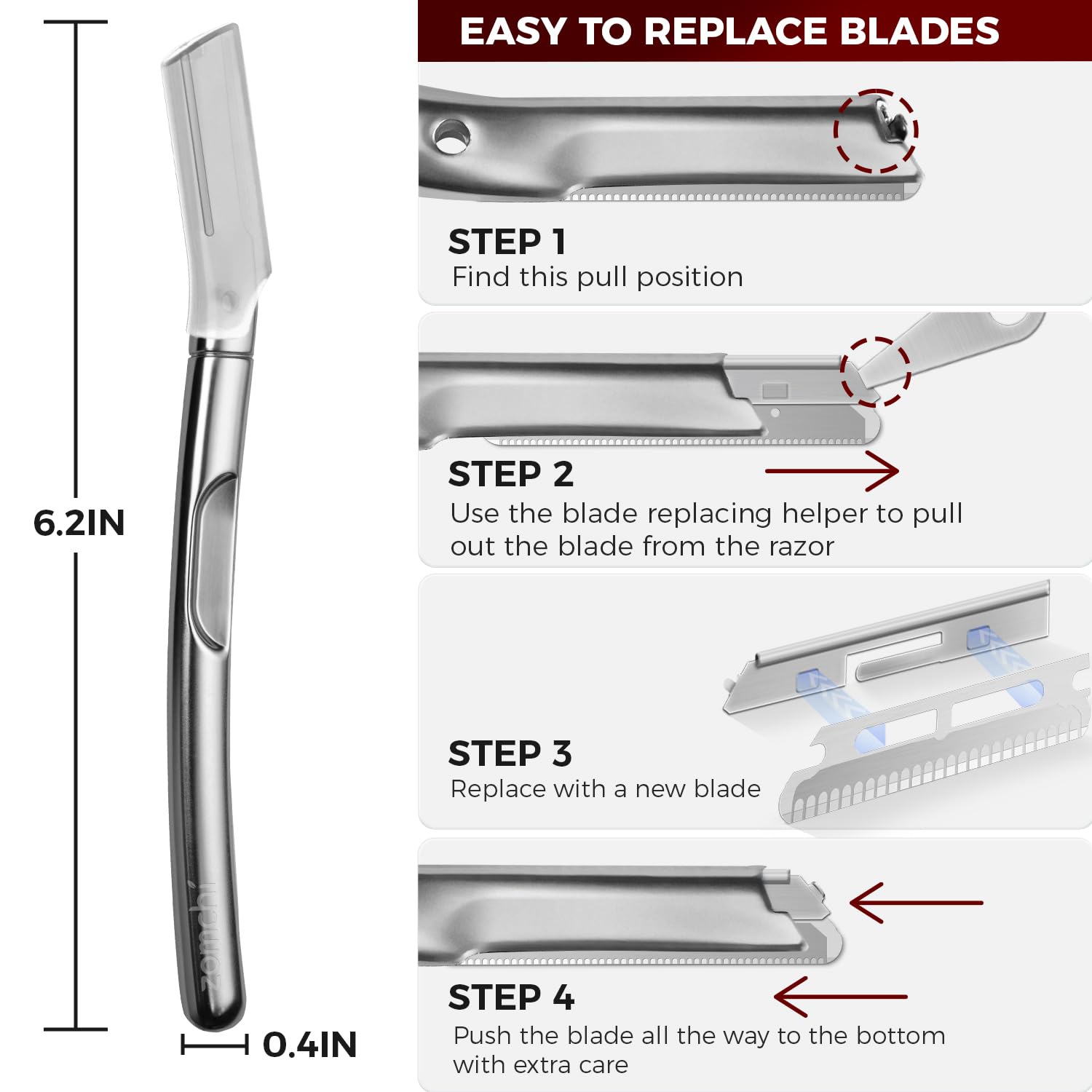 Zomchi Eyebrow Razor and Face Razor for Women and Men Reusable Metal Handle with 11 Refill Blades Dermaplane Razor with Protective Silicone Cap
