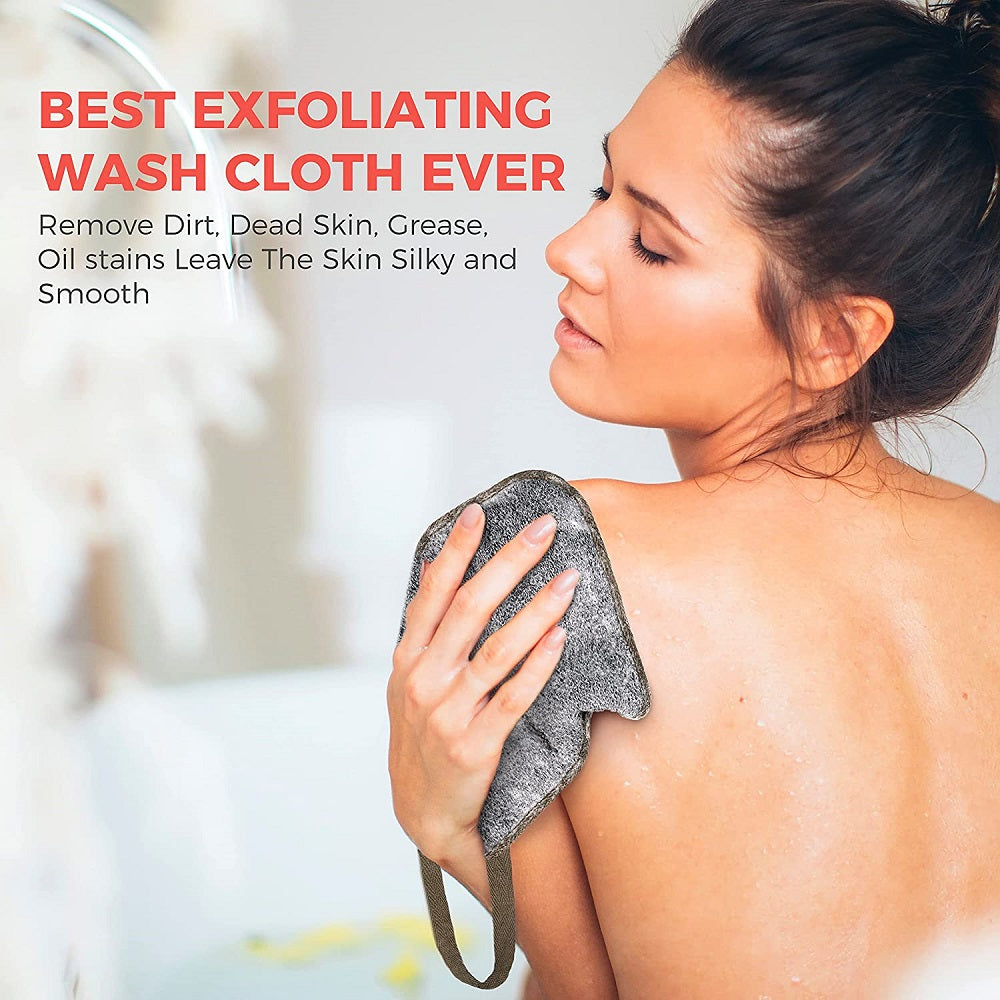 A Woman Is Using Smoke Exfoliating Washcloth To Wipe Her Body