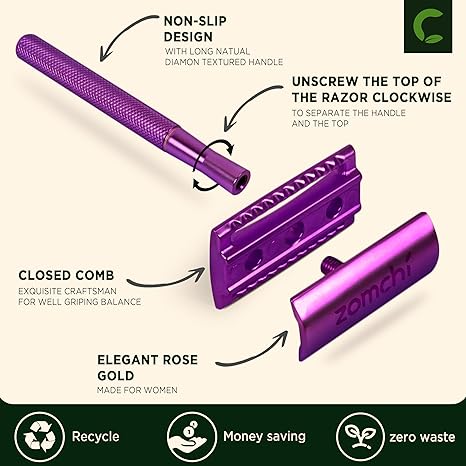 ZOMCHI Purple Double Edge Safety Razor with Stand,Reusable,10 Blades,U