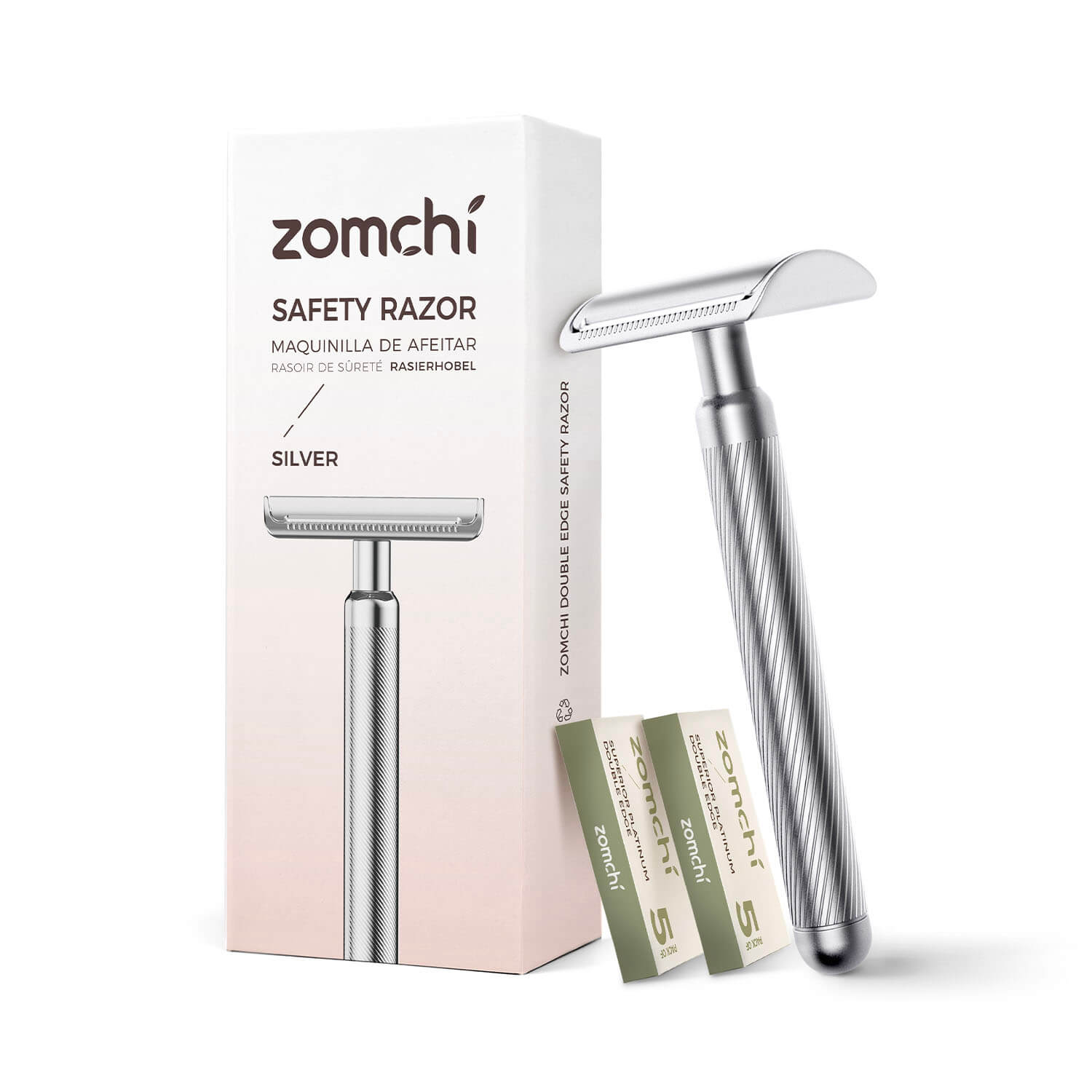 Zomchi Silver Reusable Plastic Free Double Edge Razor with 10 double edged safety razor blades For Women 