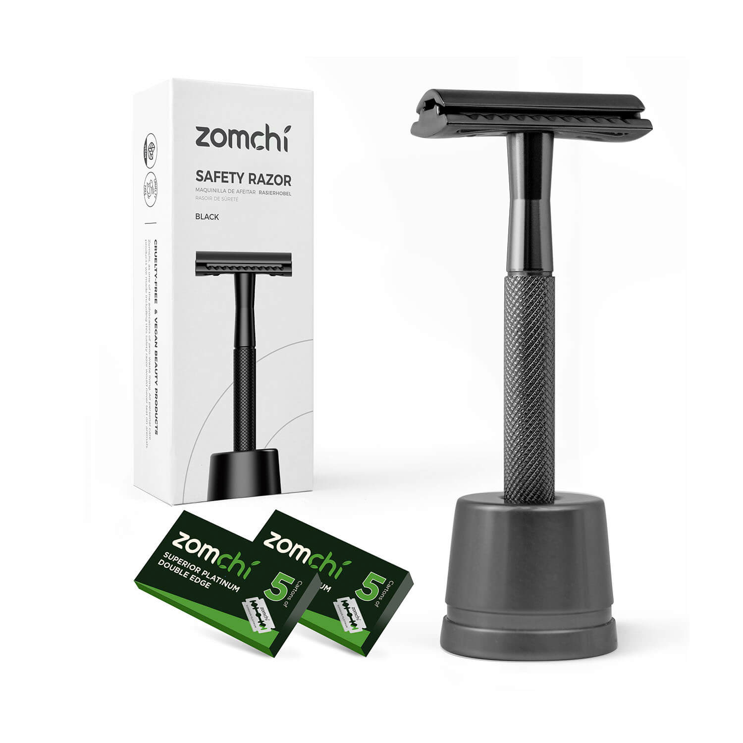 Zomchi Black Reusable Plastic Free Double Edge Razor with 10 double edged safety razor blades and holder For Women 