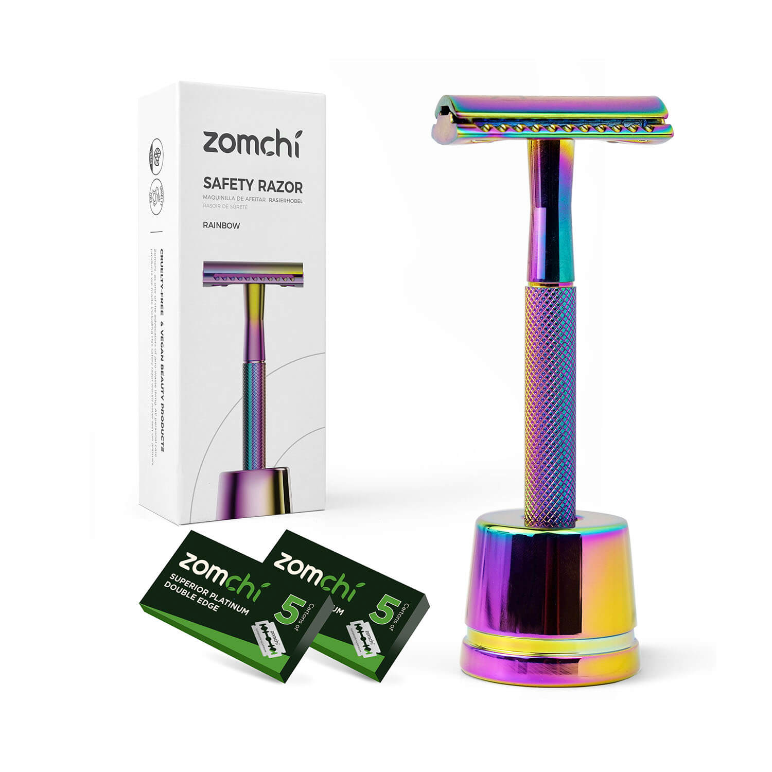 Zomchi Rainbow Reusable Plastic Free Double Edge Razor with 5 double edged safety razor blades and holderFor Women 