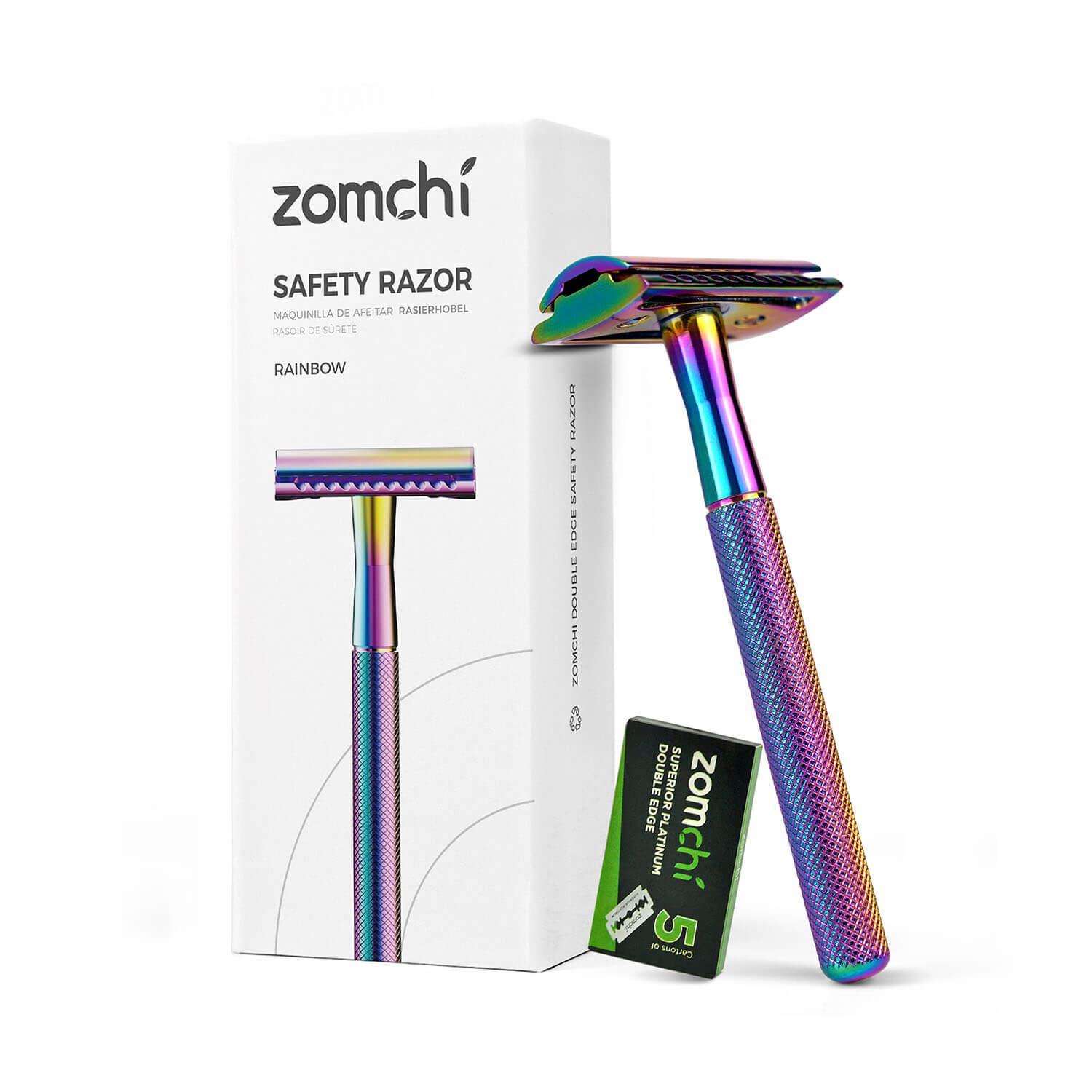 Zomchi Rainbow Reusable Plastic Free Double Edge Razor with 5 double edged safety razor blades For Women 