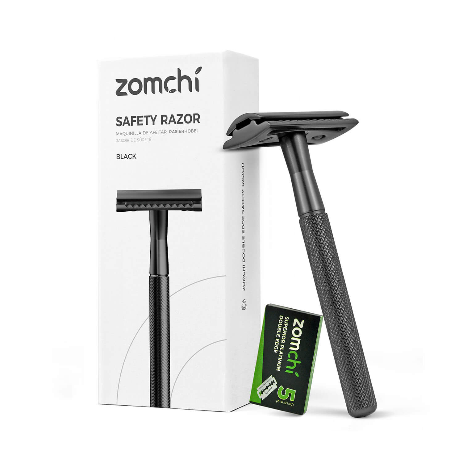 Zomchi Black Reusable Plastic Free Double Edge Razor with 5 double edged safety razor blades For Women