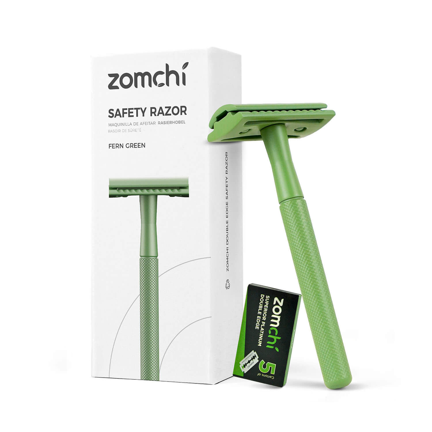 Zomchi Green Reusable Plastic Free Double Edge Razor with 5 double edged safety razor blades  For Women &Men