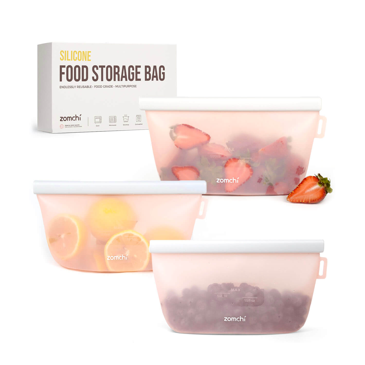 Reusable Food Storage Bags (3 Pack, 500ml, Pink)
