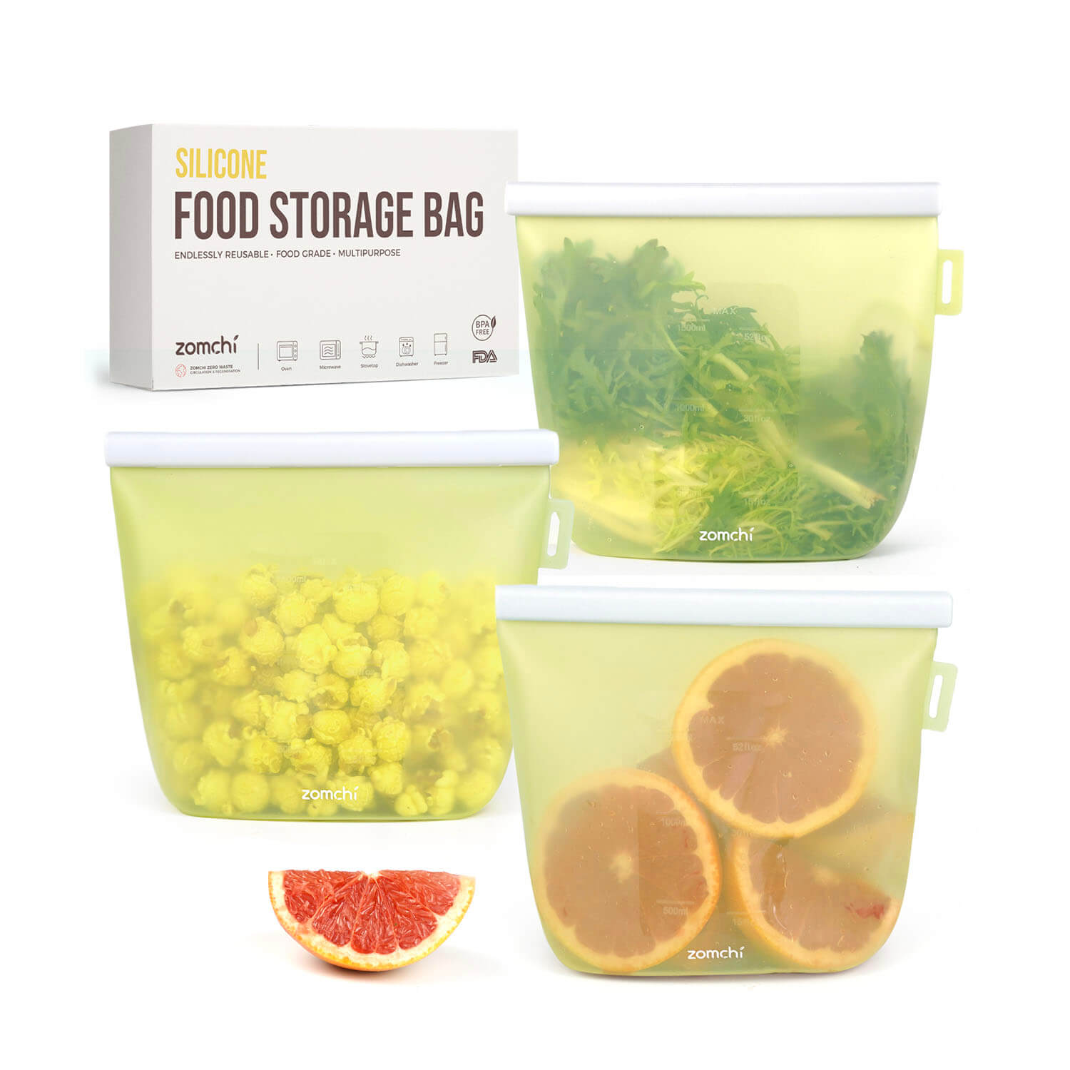 Reusable Food Storage Bags (3 Pack, 1500ml, Green)