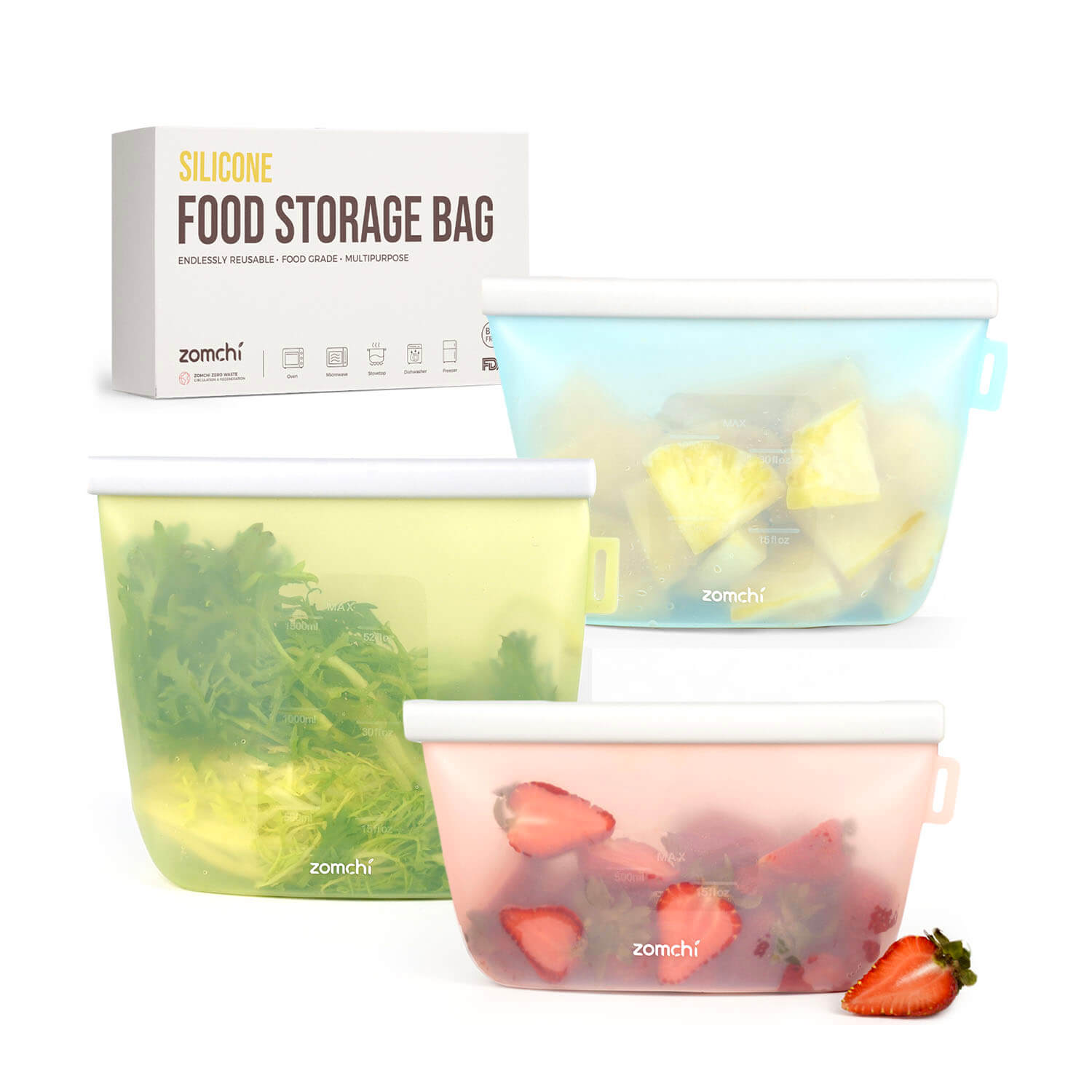 Reusable Food Storage Bags (3 Pack, 3 Sizes)