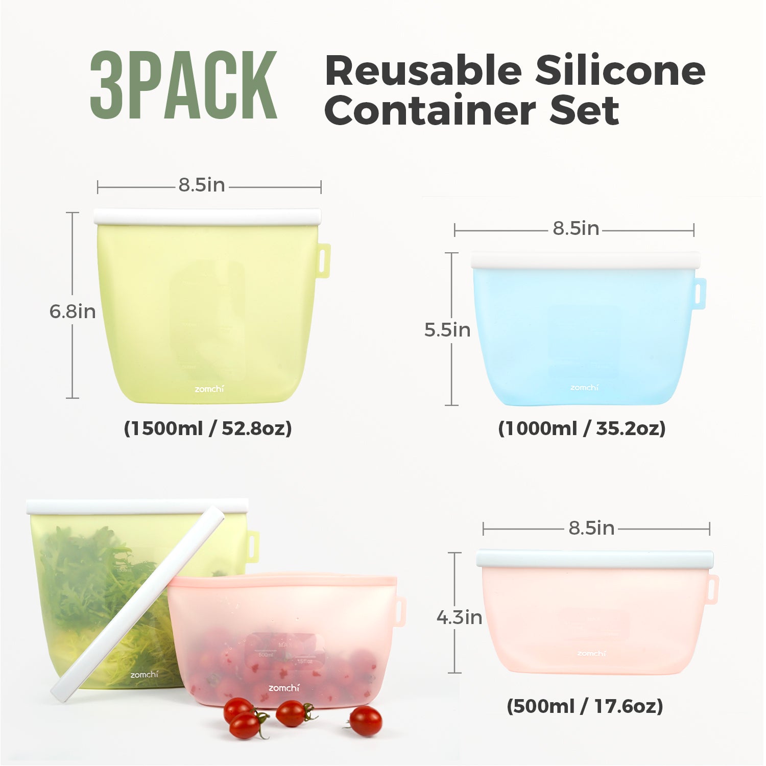 Size Of Zomchi 3pack Reusable Food Storage Bag