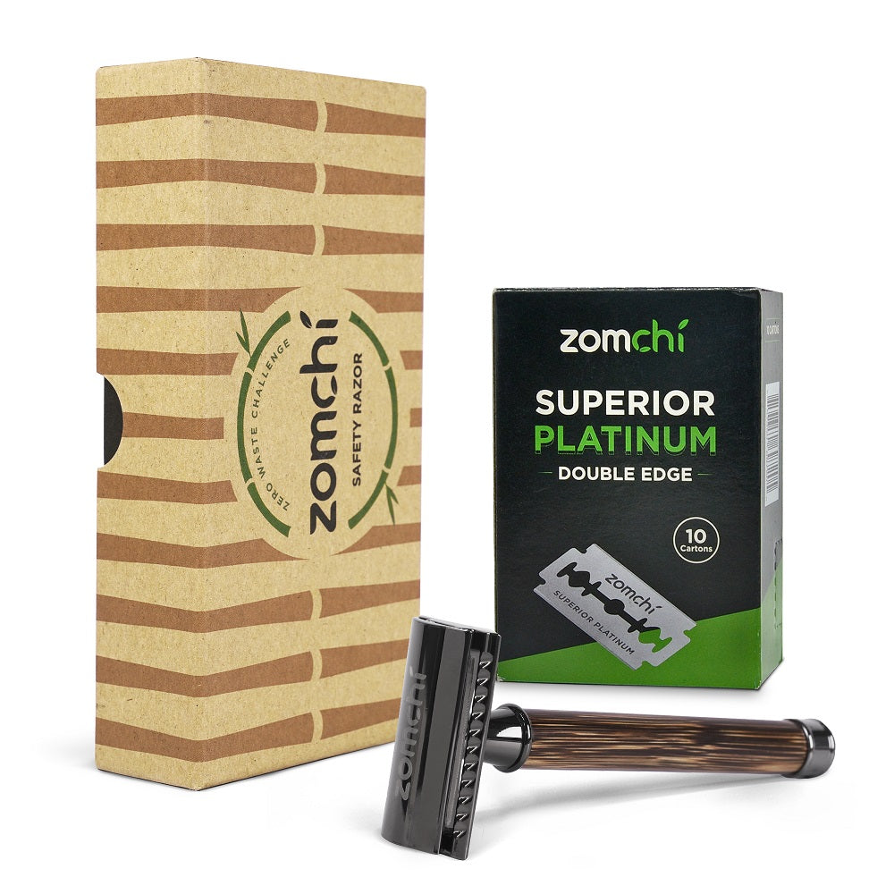 Eco-Friendly Razor With 50 Counts Double Edge Blades | Best Shaving For Women & Men Without Irritation-Thick Bamboo Handle
