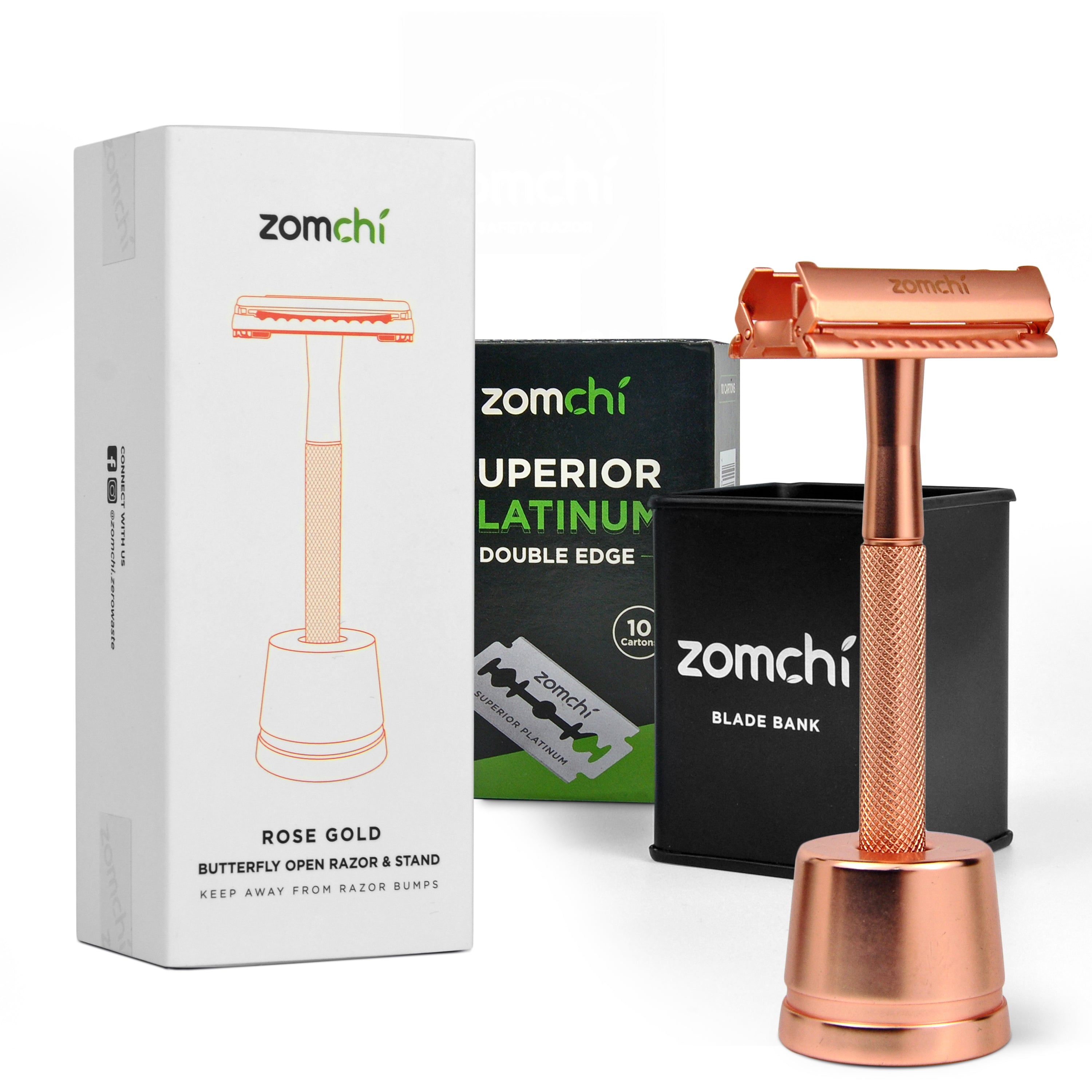 Rose Gold Butterfly Open Safety Razor+50 Counts Blades+1 Blade Bank