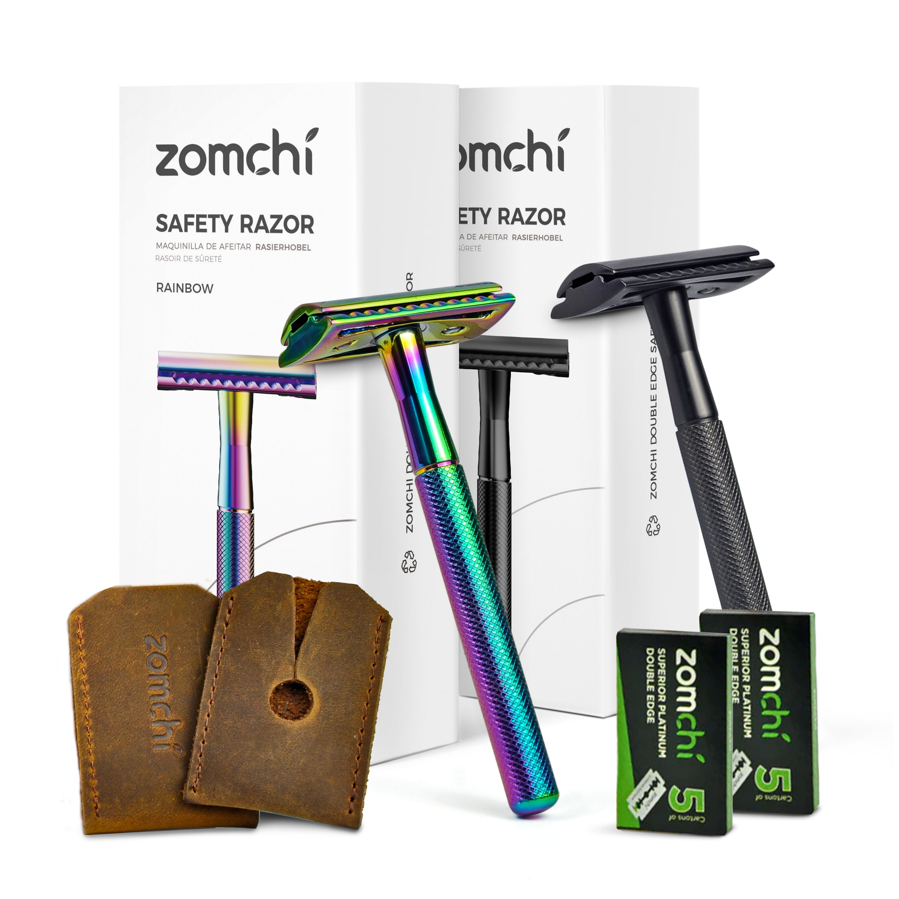 Couple Safety Double Edge Razor with 10 blades set and 2 piece of Razor Head Leather Cover-Rainbow&Black