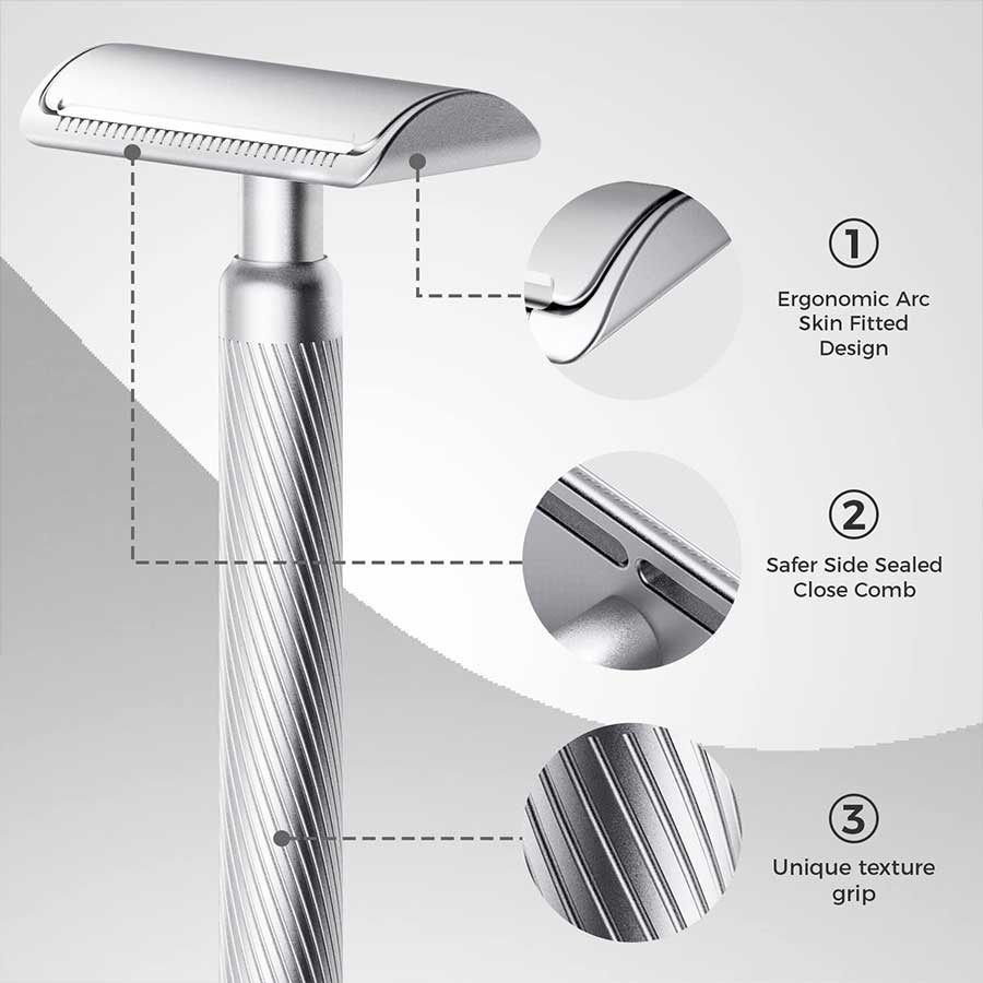 Zomchi Noble Silver Safety Razors Feature Ergonomic Arc Skin Fitted Design,Safer Side Sealed Close Comb,Unique Texture Grip
