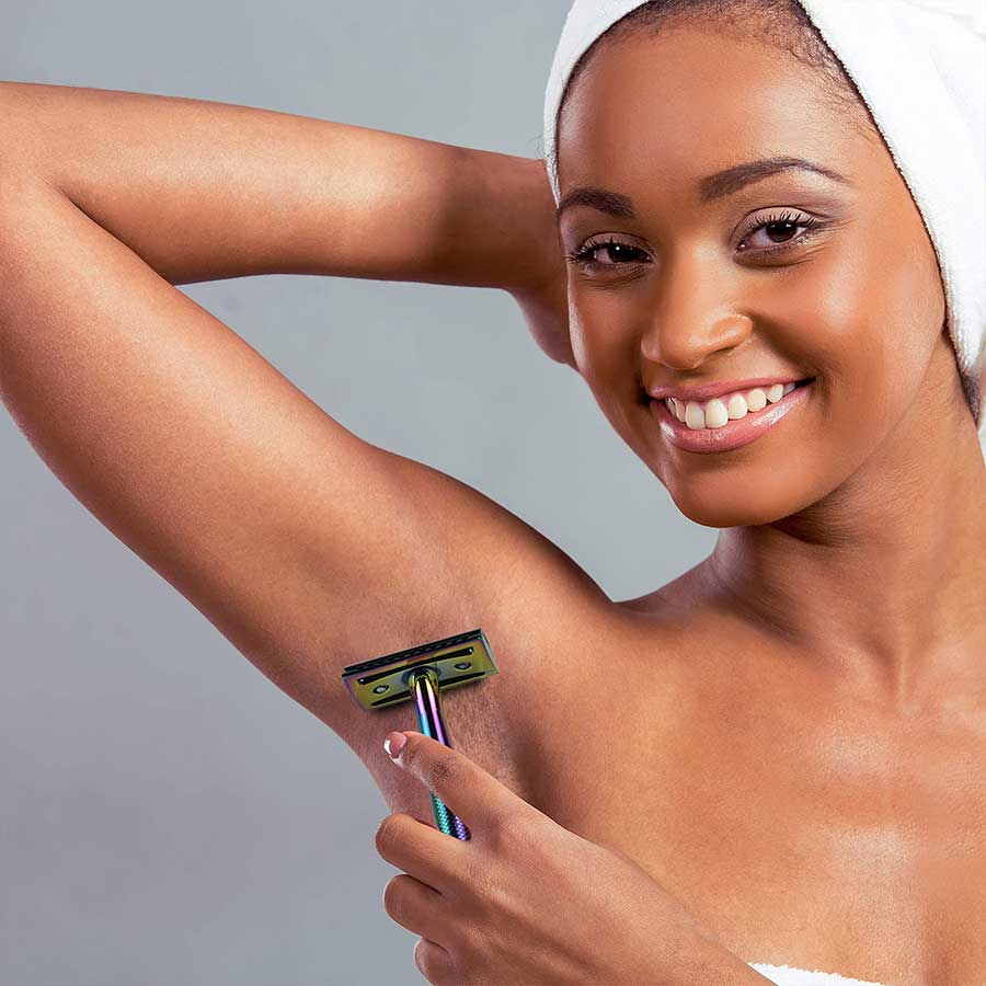 A Woman Shaves Her Armpits With Zomchi Rainbow Safety Razor