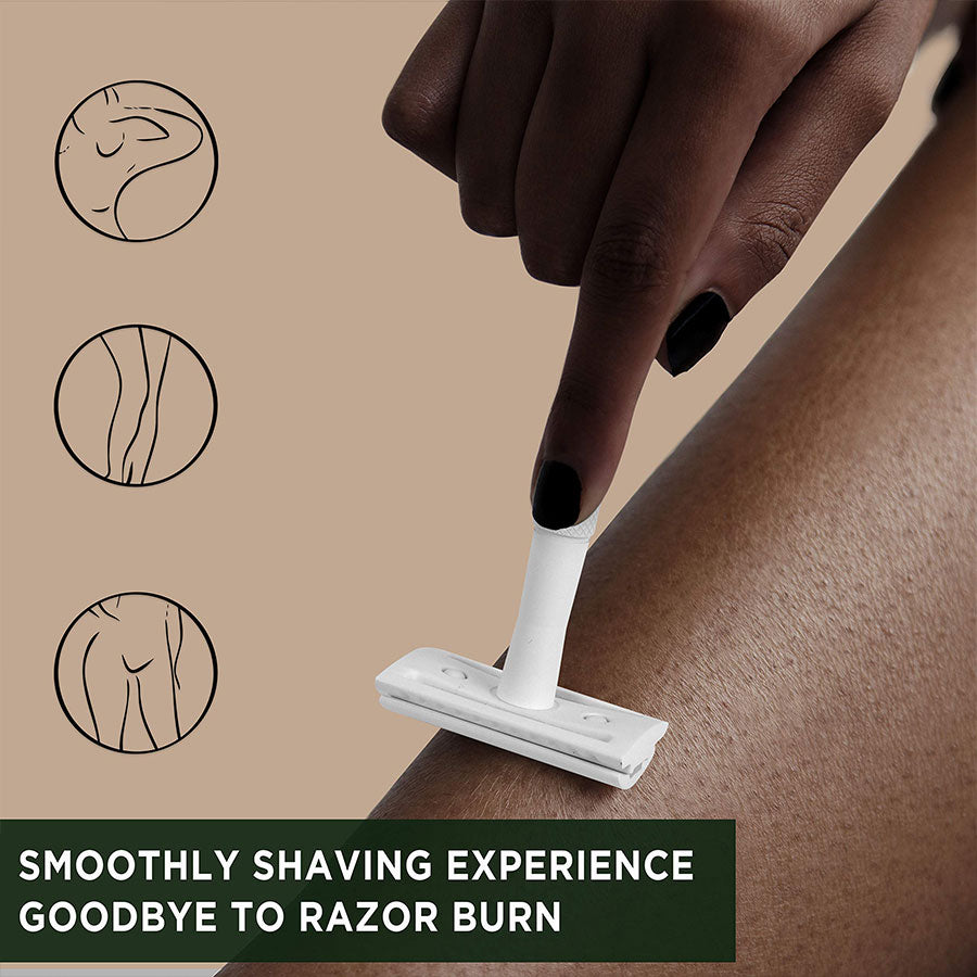 A Woman Is Shaving Her Legs With A Zomchi White Safety Razor