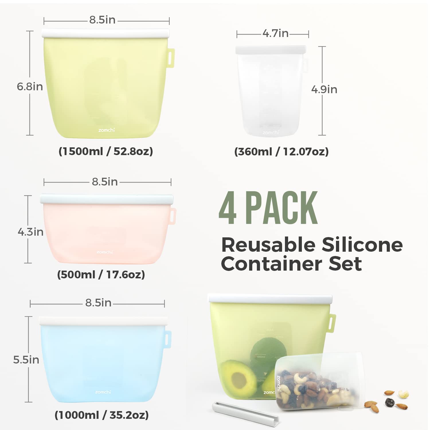Size Of Zomchi 4pack Reusable Food Storage Bag