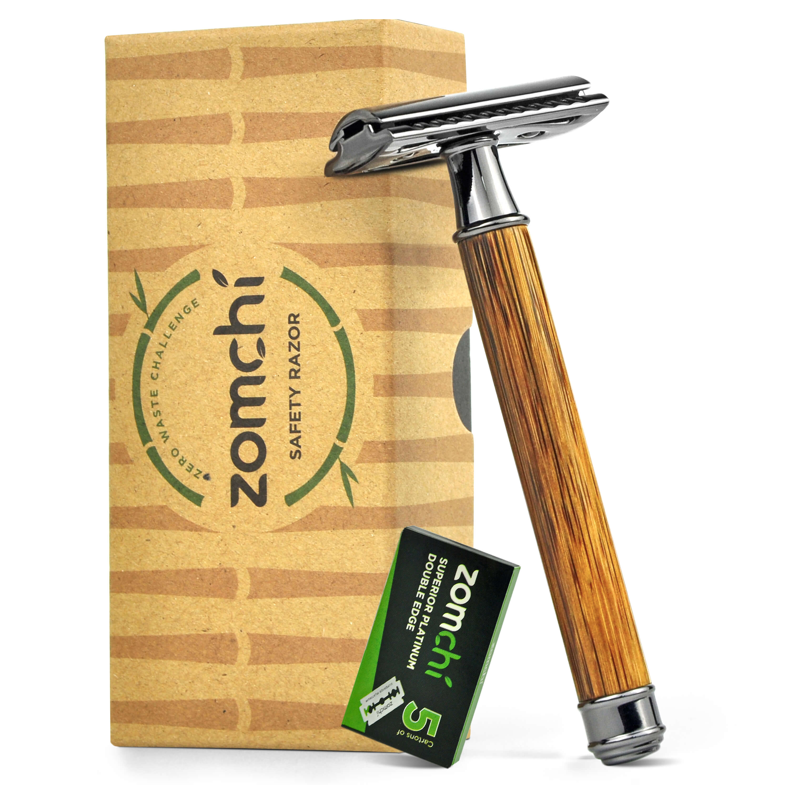 Bamboo Safety Razor Thin Handle With 5 Counts Of ZOMCHI Razor Blades And Packing Box