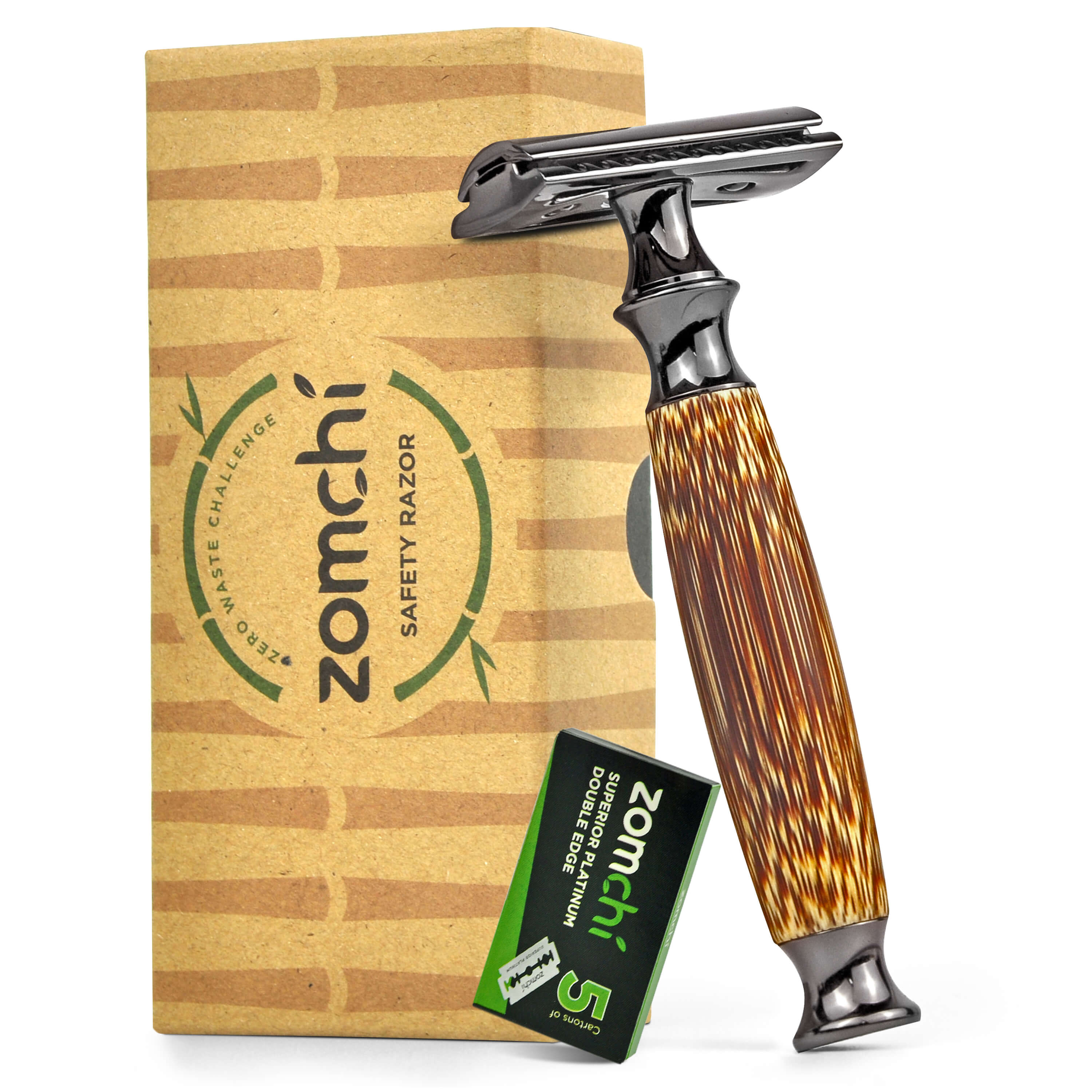 ZOMCHI Bamboo Safety Razor Thick Handle With 5 Counts Blades And Packing Box